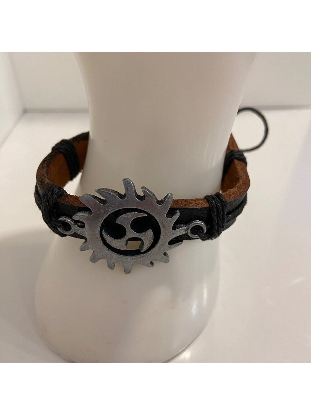 Handmade Leather & Cord Bracelet With Metal Tribal Sun Pendant Adjustable F